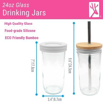 Elk and Friends Glass Mason Jars 24oz with Bamboo Straw Lids + Stainless Steel Straws | Smoothie + Iced Coffee + Bubble Tea Cups | Glass Cups with Lids and Straws