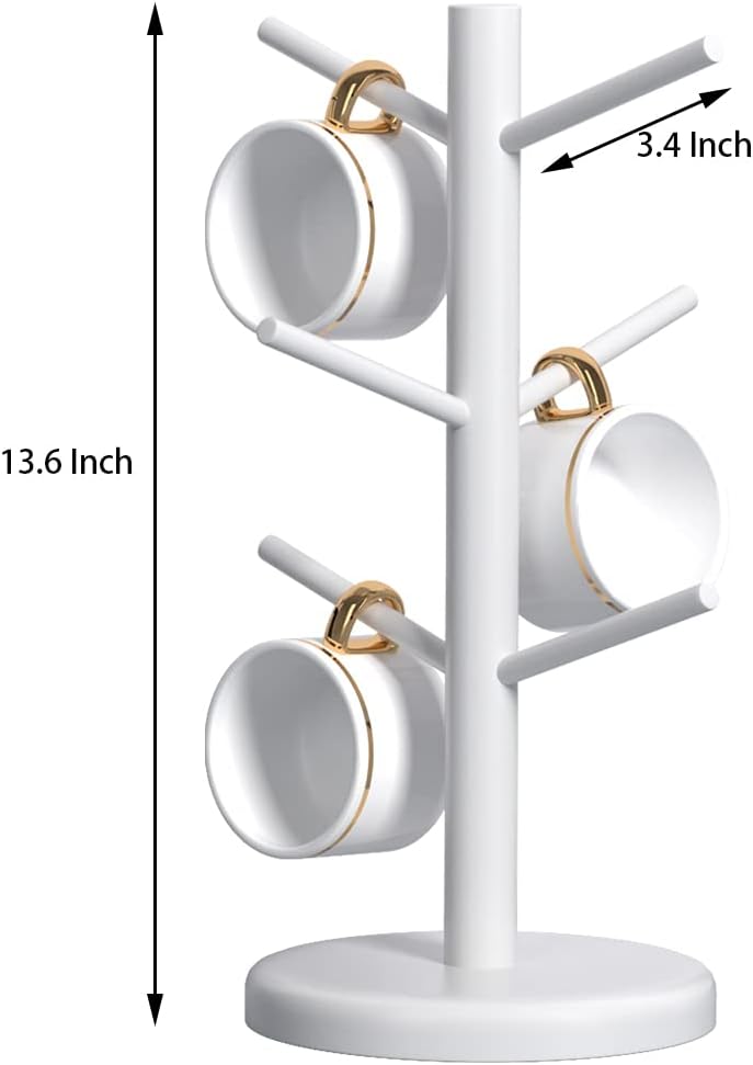 Dorhors Mug Holder Tree,Coffee Cup Holder with 6 Hooks, Wood Mug Rack for Counter,Coffee Bar Accessories and Orgnizer Station,White