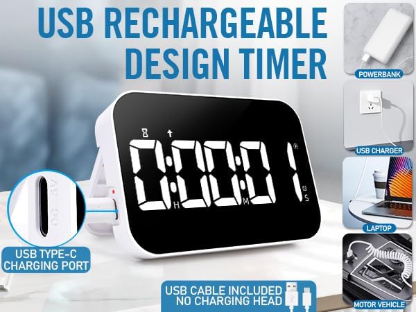 LED Timer(1.5" Number) with Voice Reminder, Digital Magnetic Timer, Countdown/Up, Rechargeabilit, Brightness Display, 3 Volume Levels and Vibration Mode, for Classroom, Study (White)