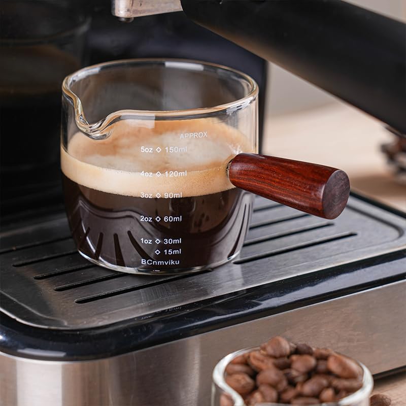 BCnmviku Espresso Shot Glass 150ML/5OZ Triple Pitcher Barista Single Spouts With Wood Handle (2)