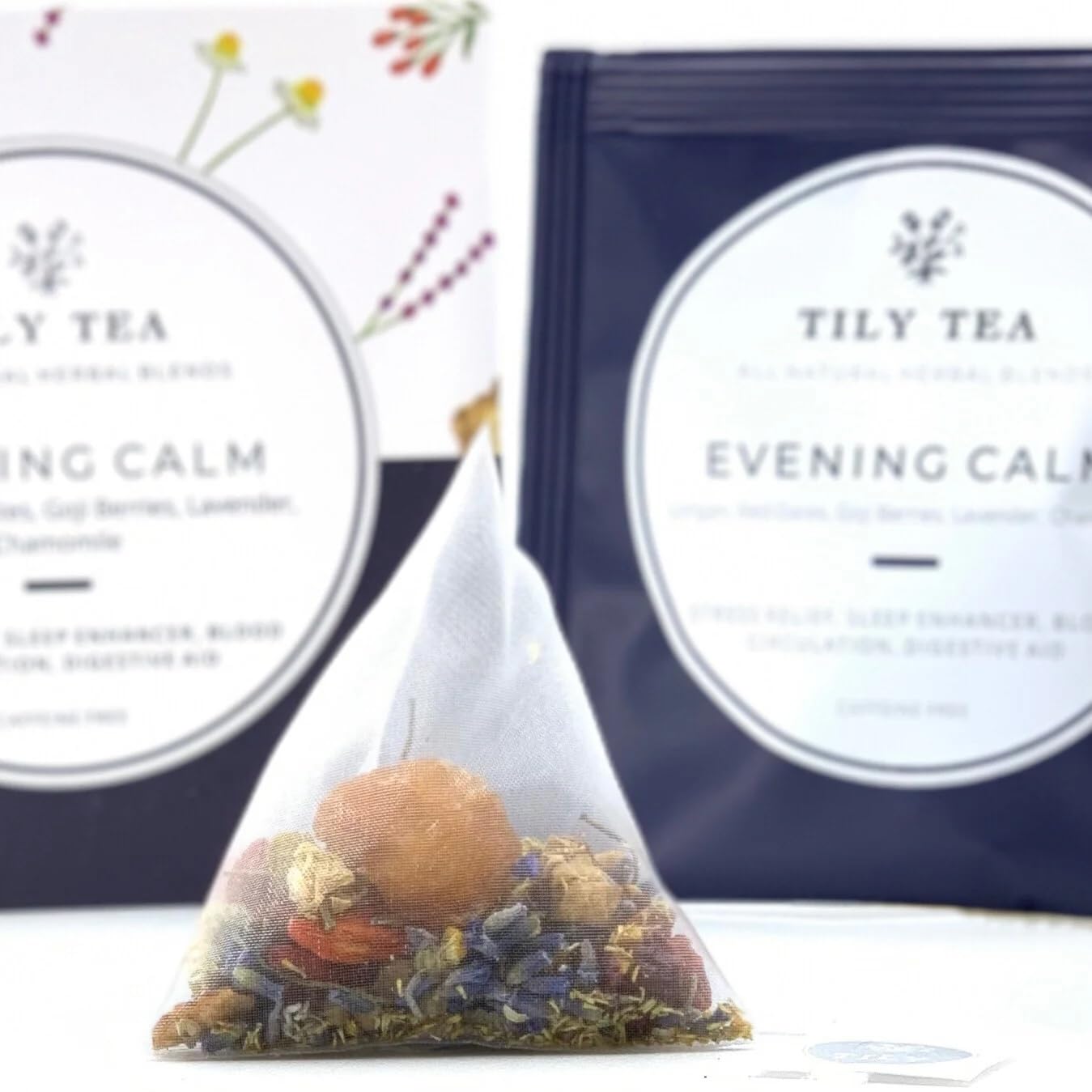 Tily Tea Evening Calm Herbal Tea - Nighttime Tea with Chamomile and Lavender - Caffeine Free - 10 Plastic-Free Teabags