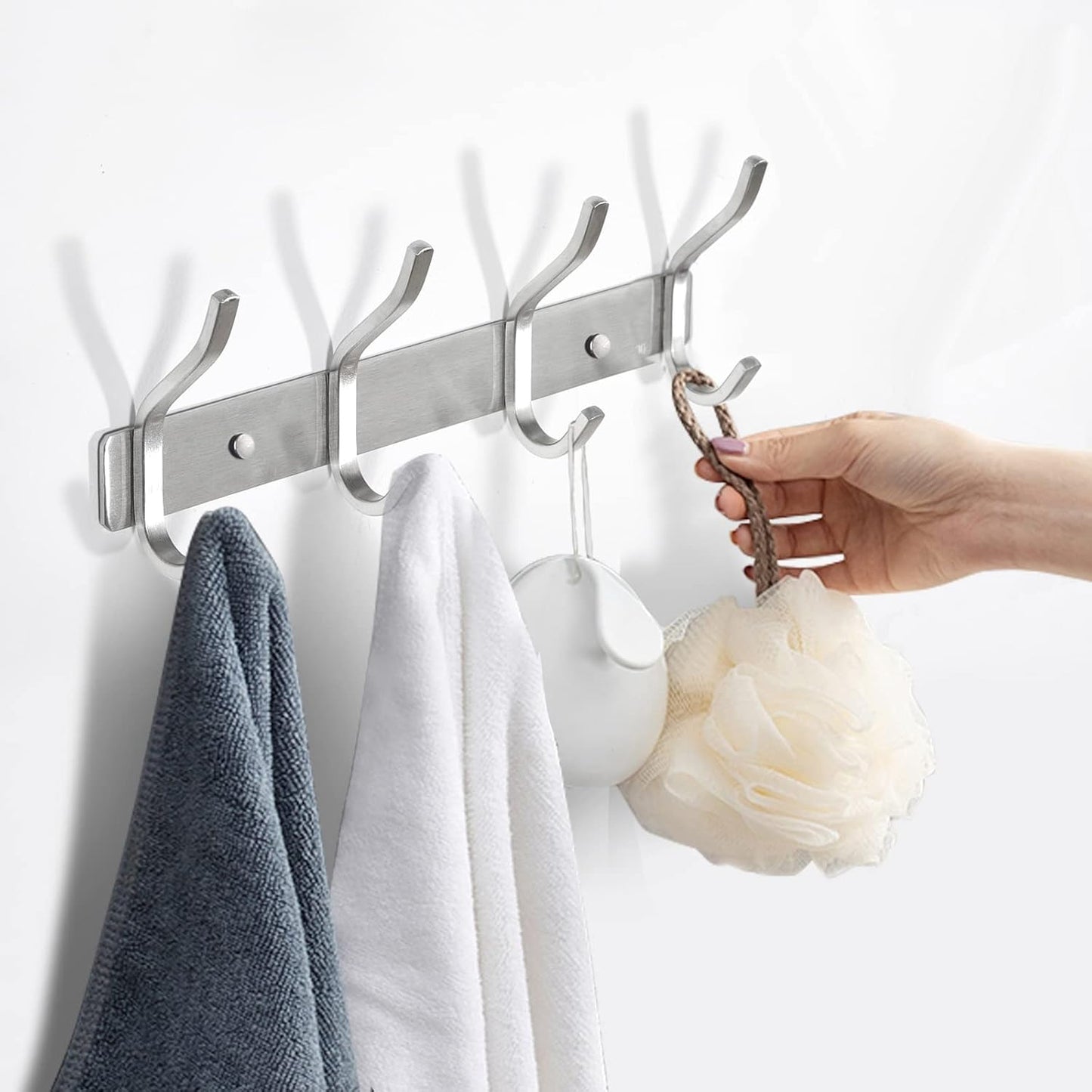 Wall Hooks Heavy Duty, 12 Inch Coat Rack Wall Mount with 4 Hooks, Silver Wall Hooks for Hanging Backpack, Bag, Purse, Clothes, Hat, Coat, Towel | Entryway & Bathroom Storage Organization Hanger