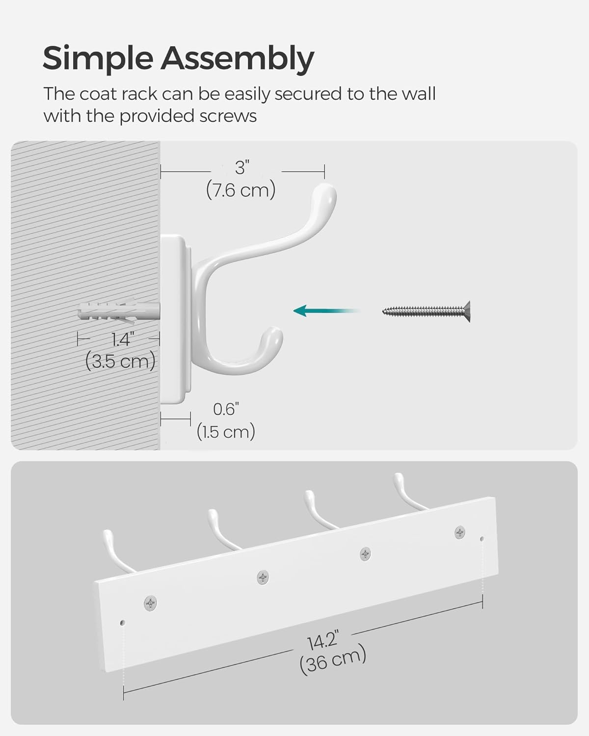 SONGMICS Set of 2 Wall-Mounted Coat Rack, Hook Rack, 8 Dual Metal Hooks, for Coats, Bags, Keys, in The Entryway, Bedroom, Living Room, White ULHR232W01