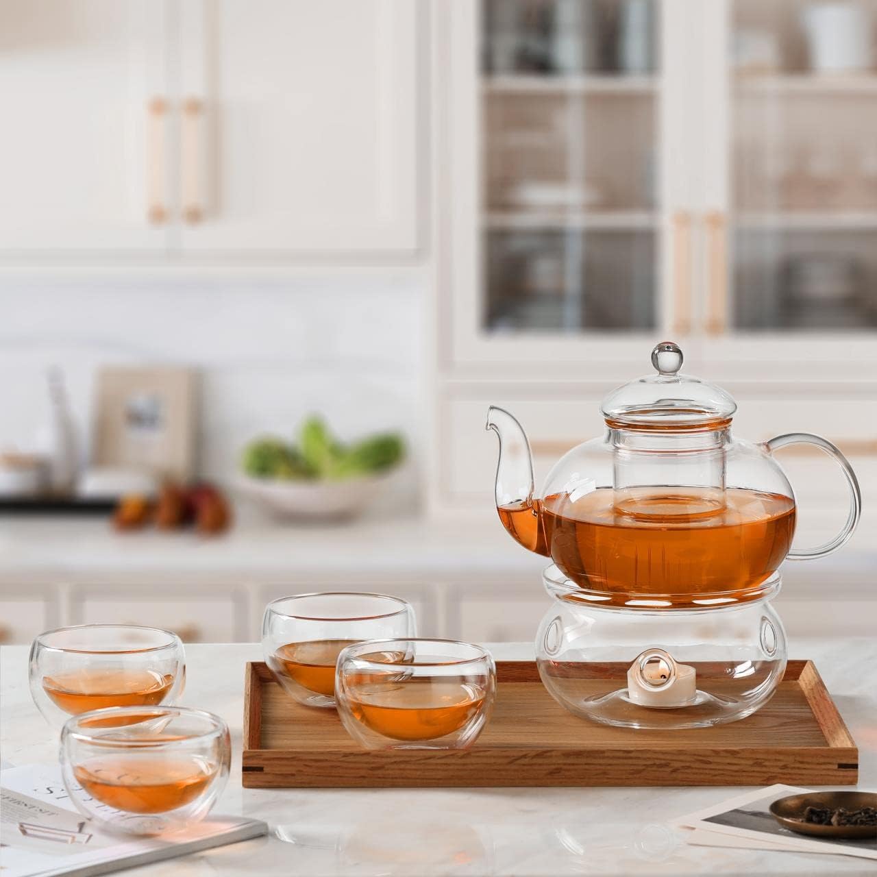 CnGlass 33.8oz Glass Teapot with Removable Infuser,Stovetop Safe Tea Kettle with Glass Tea Warmer 5.3 in/13.5cm Diameter