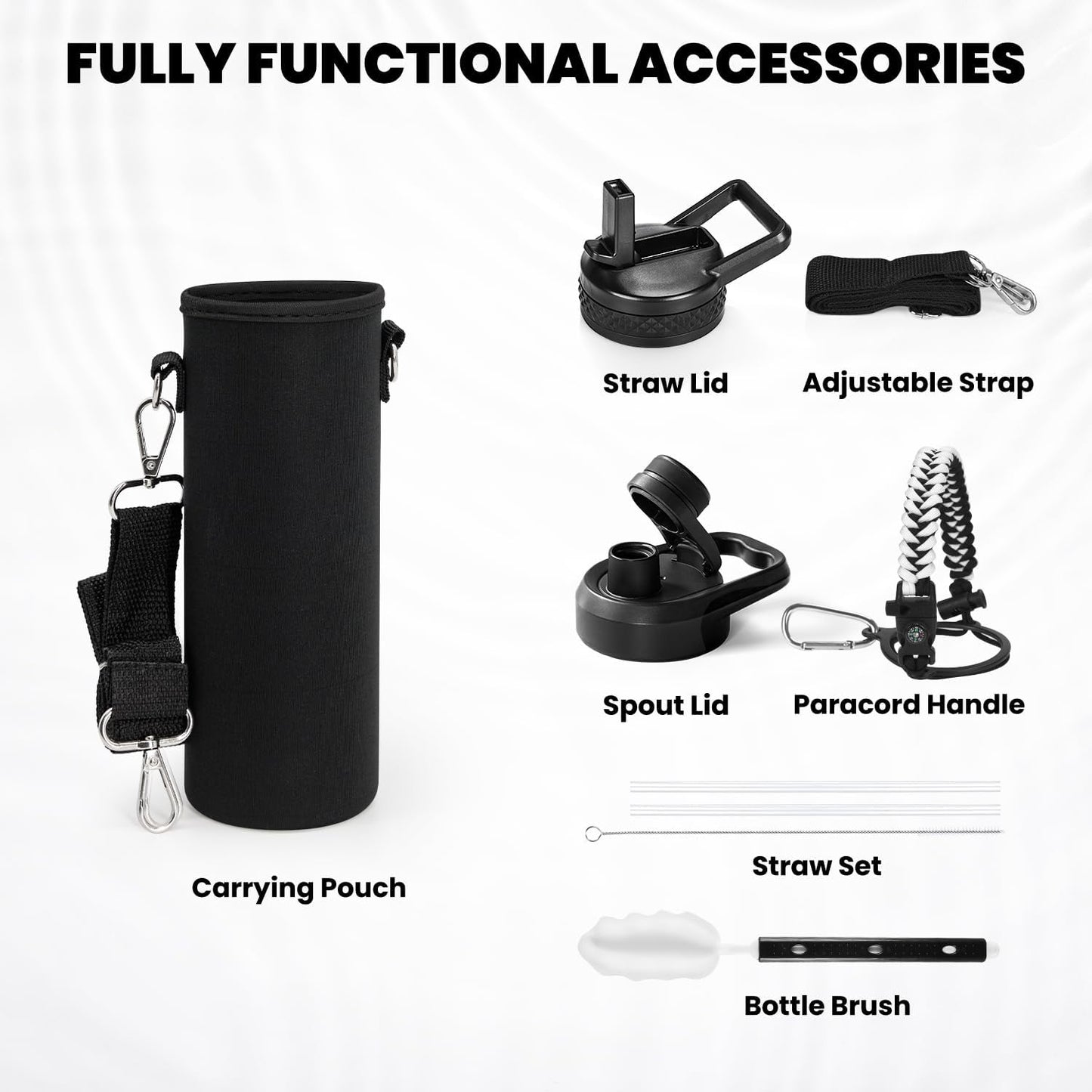 Insulated Water Bottle 24oz, Triple Wall Vacuum Stainless Steel (Cold for 48 Hrs, Hot for 24Hrs), Leak Proof & Non-BPA, 24oz Hydro Water Flask with Paracord Handle & Straw Spout Lids