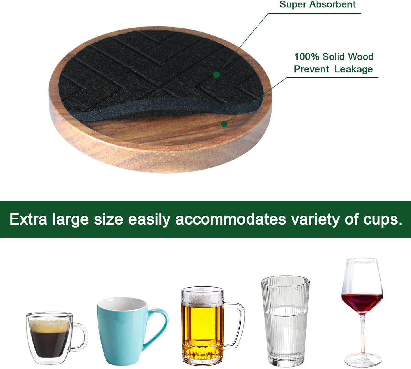 Wood Coasters with Felt Pads, Non-Slip, Non-Stick - 5 Pack Absorbent Coasters for Coffee Table with Holder, Suit for Kinds of Cups 4.3 inch (Black Series)