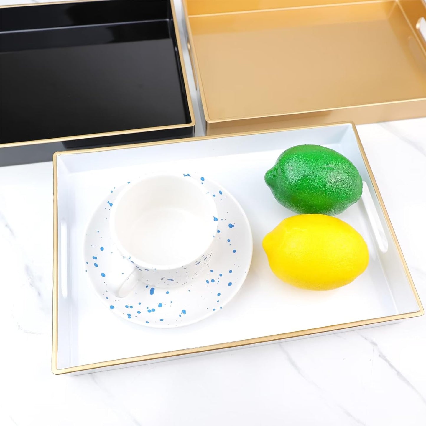 Spsyrine White Bathroom Vanity Tray with Handles for Dresser Tops, Countertop, Perfume Decorative Tray, 11.8” * 7.87” *1.37”