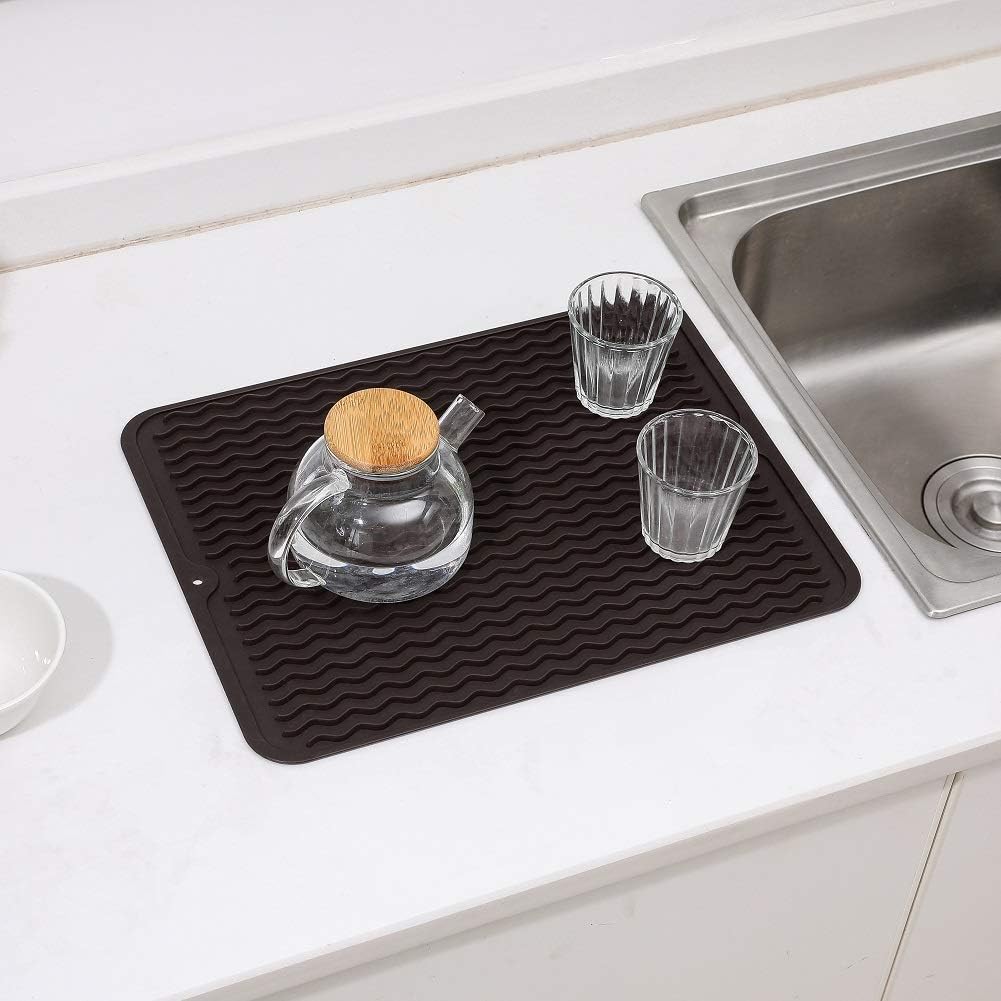 Silicone Dish Drying Mat for Multiple Usage,Easy clean,Eco-friendly,Heat-resistant Silicone Mat for Kitchen Counter or Sink,Refrigerator or drawer liner Coffee L 16 inches x 12 inches