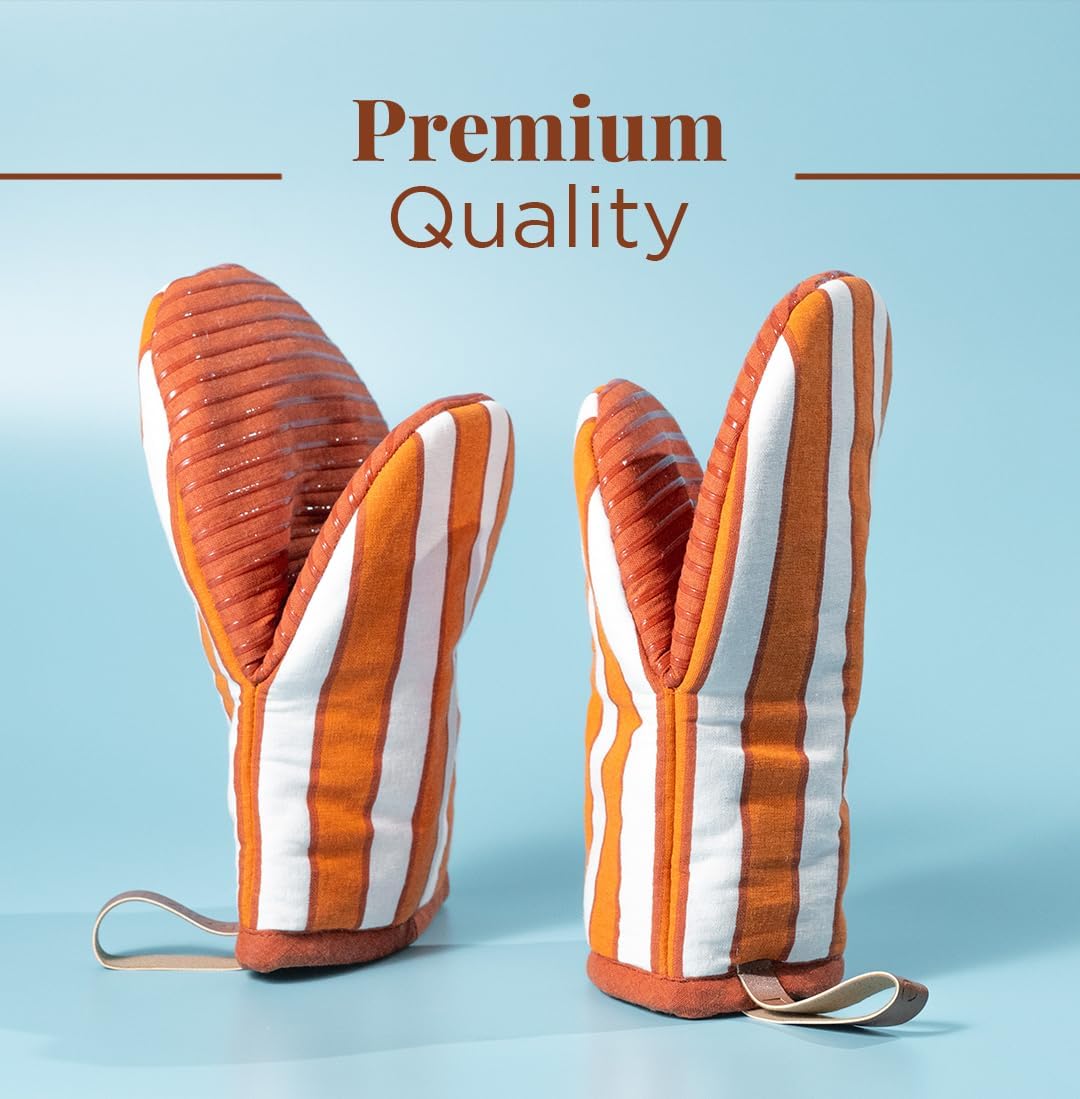 Folkulture Mini Oven Mitts Heat Resistant | (5.75x9) Set of 2 Short Orange Fall Oven Mitts with Hanging Loop | 100% Cotton Oven Gloves | Fall Essentials, Small Rust Orange Silicone Oven Mits