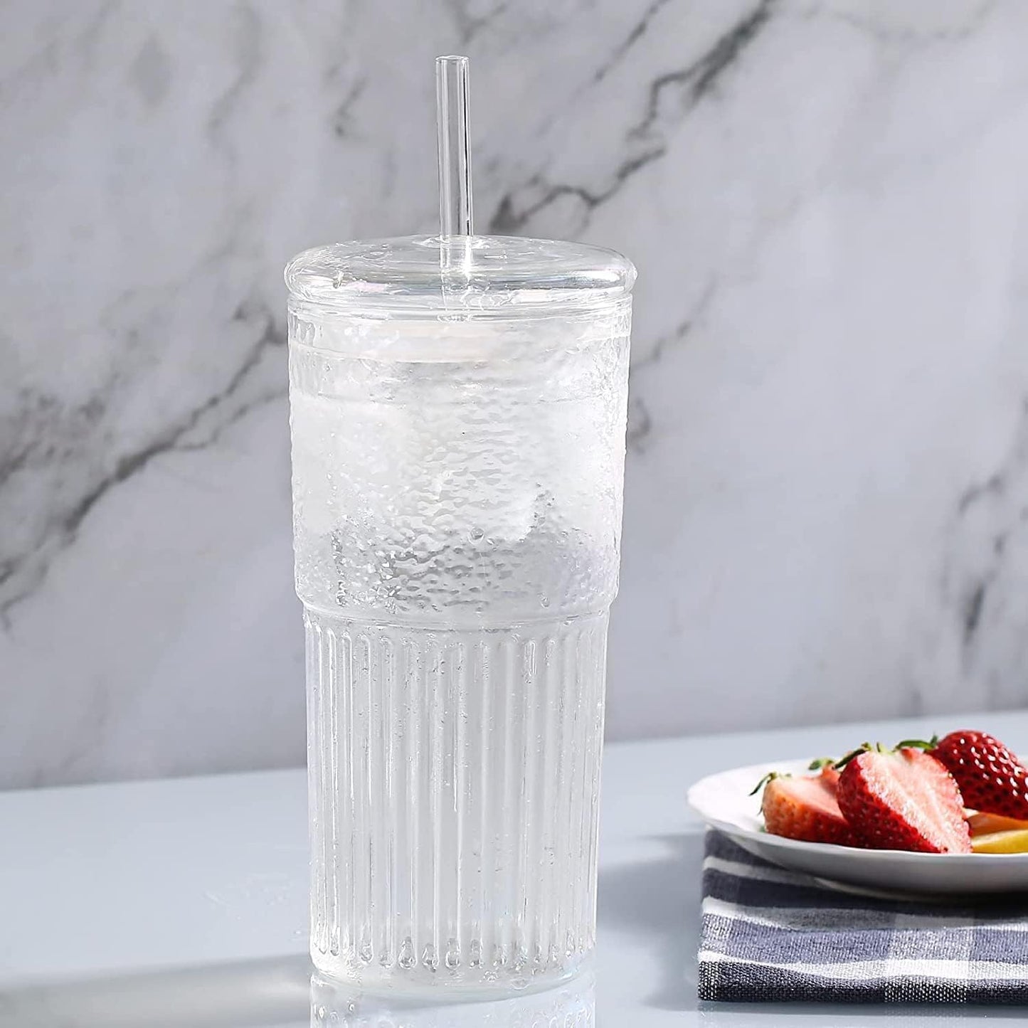 Glass Cups With Lids and Glass Straws,20 OZ 4pcs High Borosilicate Glass Tumbler Iced Coffee Water Smoothie
