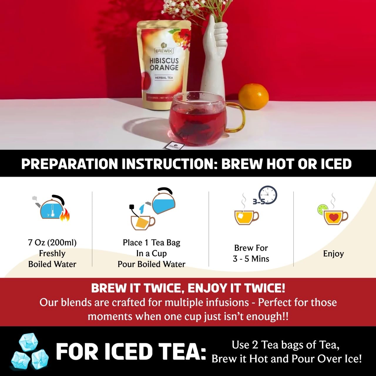 BREWIX, Hibiscus Orange Tea Bags (25 Plant Based Tea Bags) Caffeine-Free, Made with Real - Hibiscus Flowers, Rosehip, Orange Peel, Raspberry Leaf | Contains Antioxidants & Support Overall Health