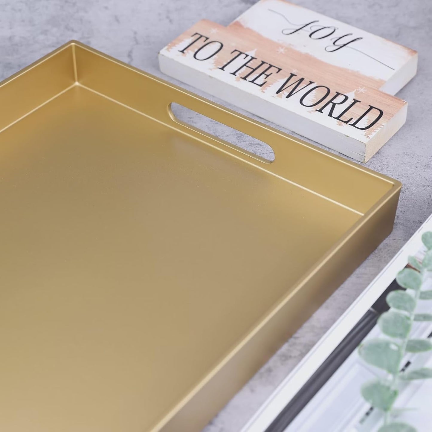 Gold Serving Tray for Coffee Table, Rectangular Plastic Decorative Tray with Handles for Entertaining, Outdoor Patio, Living Room, Ottoman, Bathroom Counter, 11.8”*15.7”*1.6”
