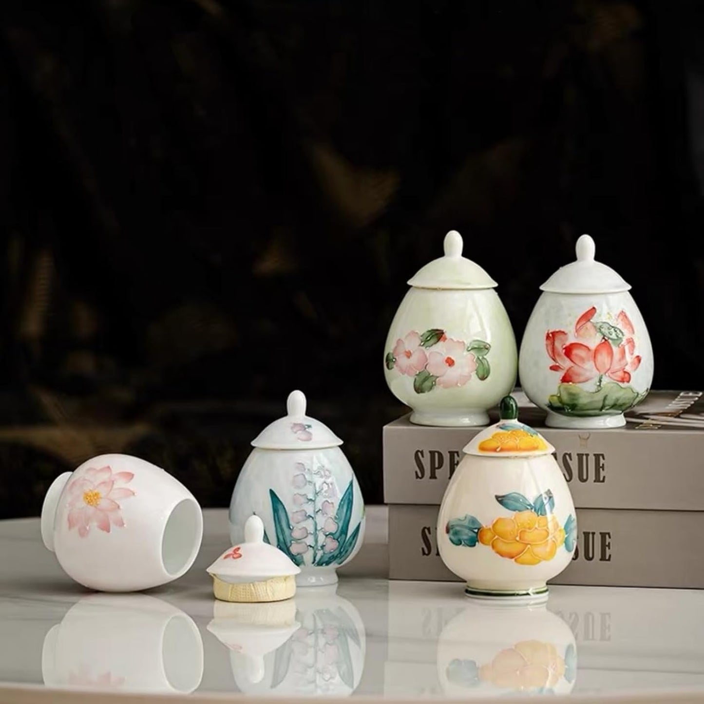 flowers Small Ginger Jar - 4 inches yellow decorative Ceramic Ginger jars with Lid, chinoiserie gift small jars for Home decor/jewelry/Tea/coffee beans/Storage