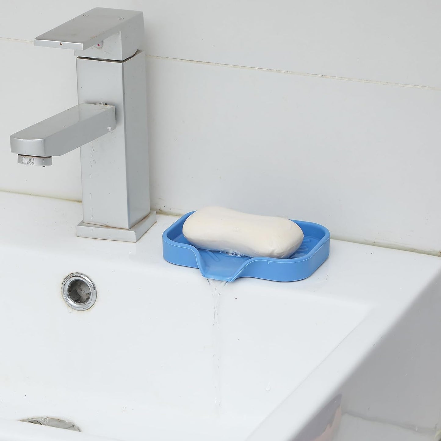 Silicone Bathroom Soap Dishes with Drain Spout-Bathroom and Kitchen Sink Organizer,Sponge Holder,Dish Soap Tray,Perfect for Dispenser,Scrubber,Bottle,Cup on Counter Lichen Blue 4.9"×3.2"