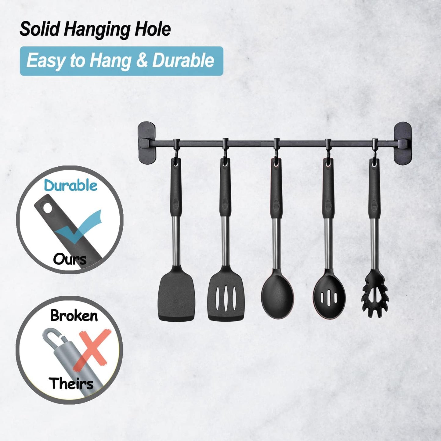 Silicone Spatula and Cooking Spoon,5 Pack Non-Stick Cooking Utensils for Kitchen,Heat Resistant Solid & Slotted Spoons and Spatulas, Stainless Steel Handle Coated with Silicone,Black