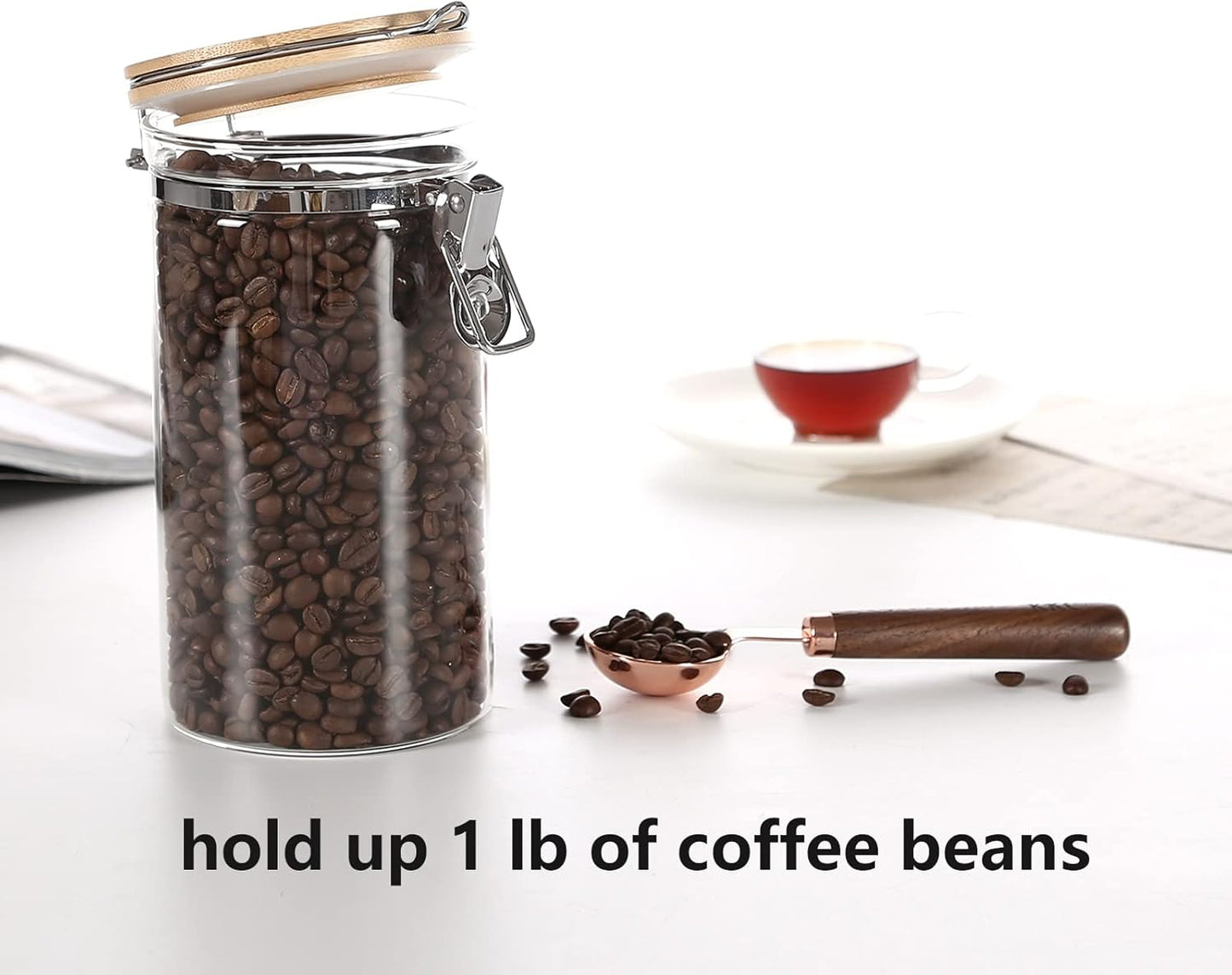 KKC Clear Borosilicate Glass Food Storage Jar Canister Container with Airtight Locking Clamp Bamboo Lid,Coffee Bean,Loose Tea,Nut Container,Sealed Jar Hinged Lid for 16oz Coffee Bean,40 Fluid-oz