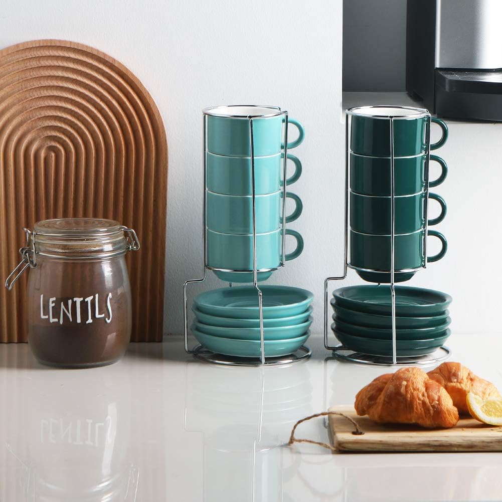 Sweejar Porcelain Espresso Cups with Saucers, 4 Ounce Stackable Cappuccino Cups with Metal Stand for Coffee Drinks, Latte, Tea - Set of 4 (Jade)