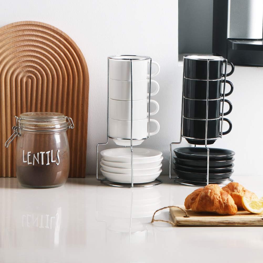 Sweejar Porcelain Espresso Cups with Saucers, 4 Ounce Stackable Cappuccino Cups with Metal Stand for Coffee Drinks, Latte, Tea - Set of 4 (White)