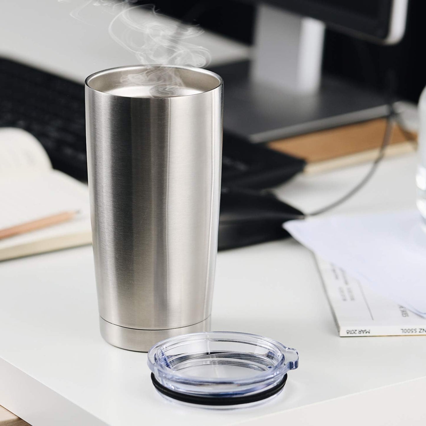 COMOOO 20oz Stainless Steel Tumbler Double Wall Vacuum Coffee Cup Insulated Travel Mug with Lid and Straw Durable Powder Coated Insulated Coffee Cup for Cold & Hot Drinks (Silver, 12 pack