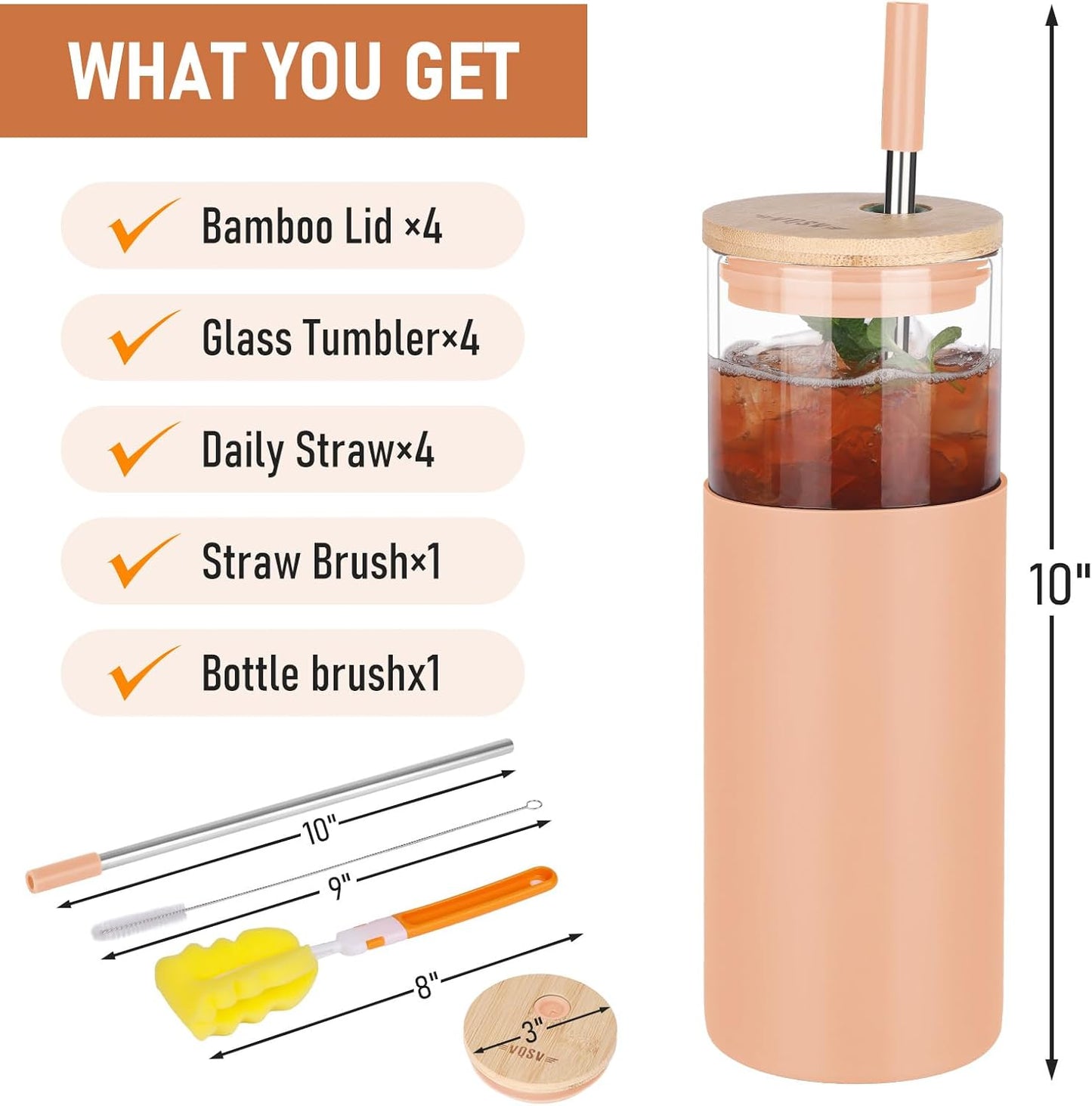 Glass Tumbler w/Lids & Straw - 24oz Reusable Mug w/Bamboo Lid & Stainless Steel Straw - BPA-Free, Leak-Proof, Dishwasher Safe for Coffee, Smoothies, Hot Beverages, Travel, Office, Home Use,4-PK