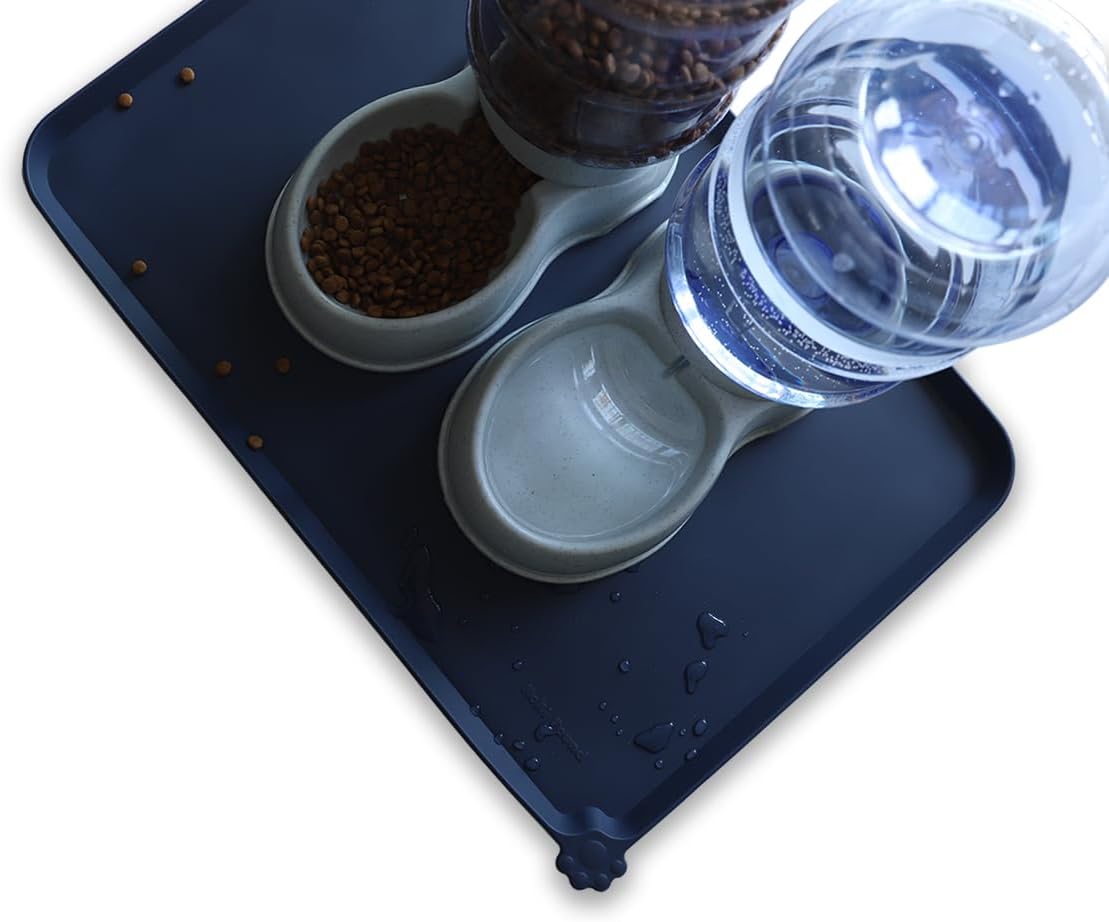 Hoki Found Large Waterproof Silicone Pet Food Mats Tray - Non Slip Pet Bowl Mats Placemat - Dog Pet Cat Feeding Mat - Dog Cat Food Mats -Pet Water Mats for Floors - French Navy