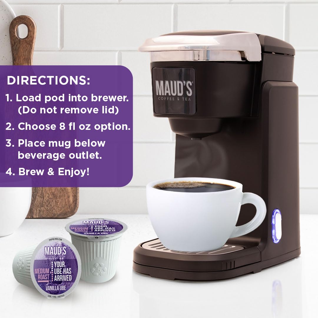 Maud's Vanilla Ube Flavored Coffee Pods, 18 ct, Medium Roast Flavored Coffee in Recyclable Single Serve Pods – 100% Arabica Beans, Compatible with Keurig K Cups Maker