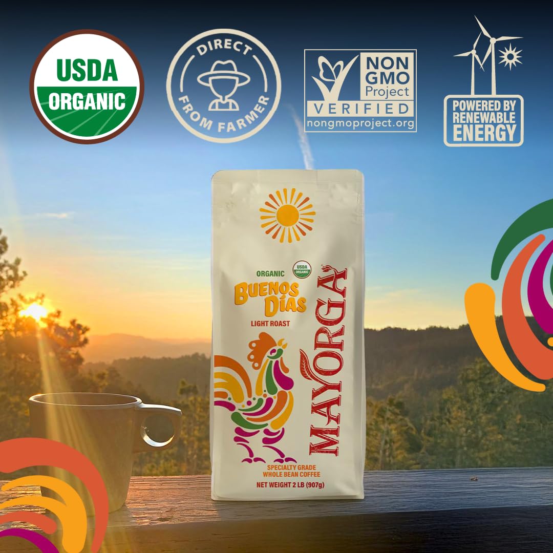 Mayorga Organic Coffee 2lb Buenos Dias - Light Roast Whole Bean Coffee Specialty Grade, 100% Arabica, Slow Roasted, Citrusy and Sweet Flavor with Low Acidity - USDA Organic, Non-GMO, Kosher