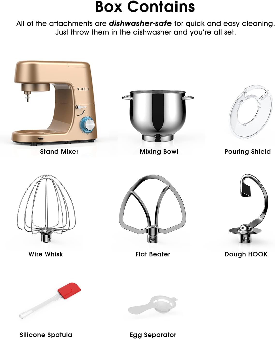 9.5 QT Double Handle KUCCU Stand Mixer, 6 Speed with Pulse Electric Kitchen Mixer, 660W Tilt-Head Food Mixer with Dishwasher-Safe Dough Hook, Flat Beater, Whisk, Splash Guard for home baking (Gold)