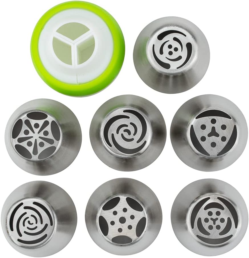 Restaurantware Pastry Tek Russian Piping Tips Set 18 Piece Durable Cake Decorating Kit - 7 Piping Tips 10 Piping Bags Stainless Steel Piping Bags And Tips Set 1 Tri-Color Coupler