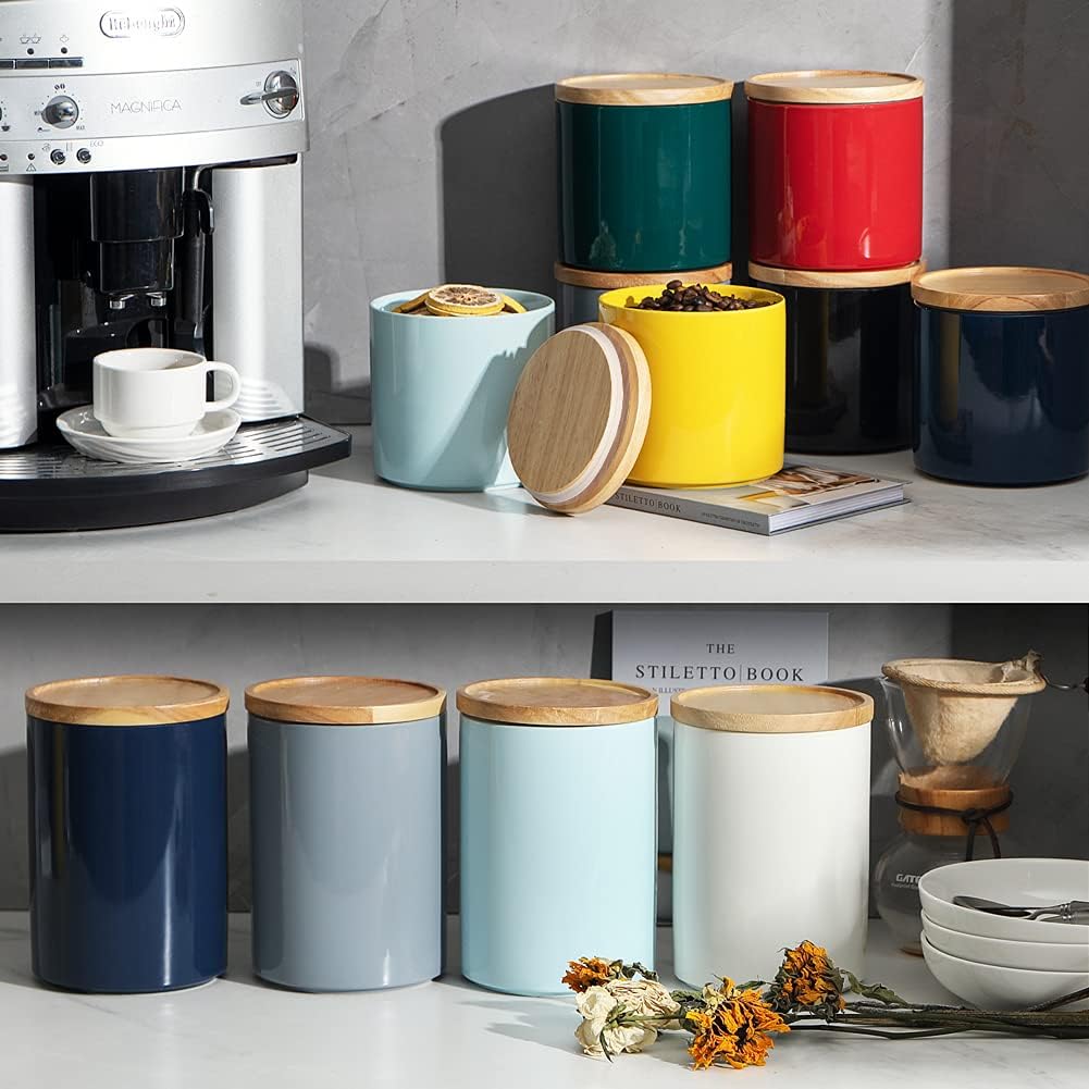 Sweejar Kitchen Canisters Ceramic Food Storage Jar, Stackable Containers with Airtight Seal Wooden Lid for Serving Coffee Bean, Flour, Tea, Spice and More - 39 Fl Oz (Navy)