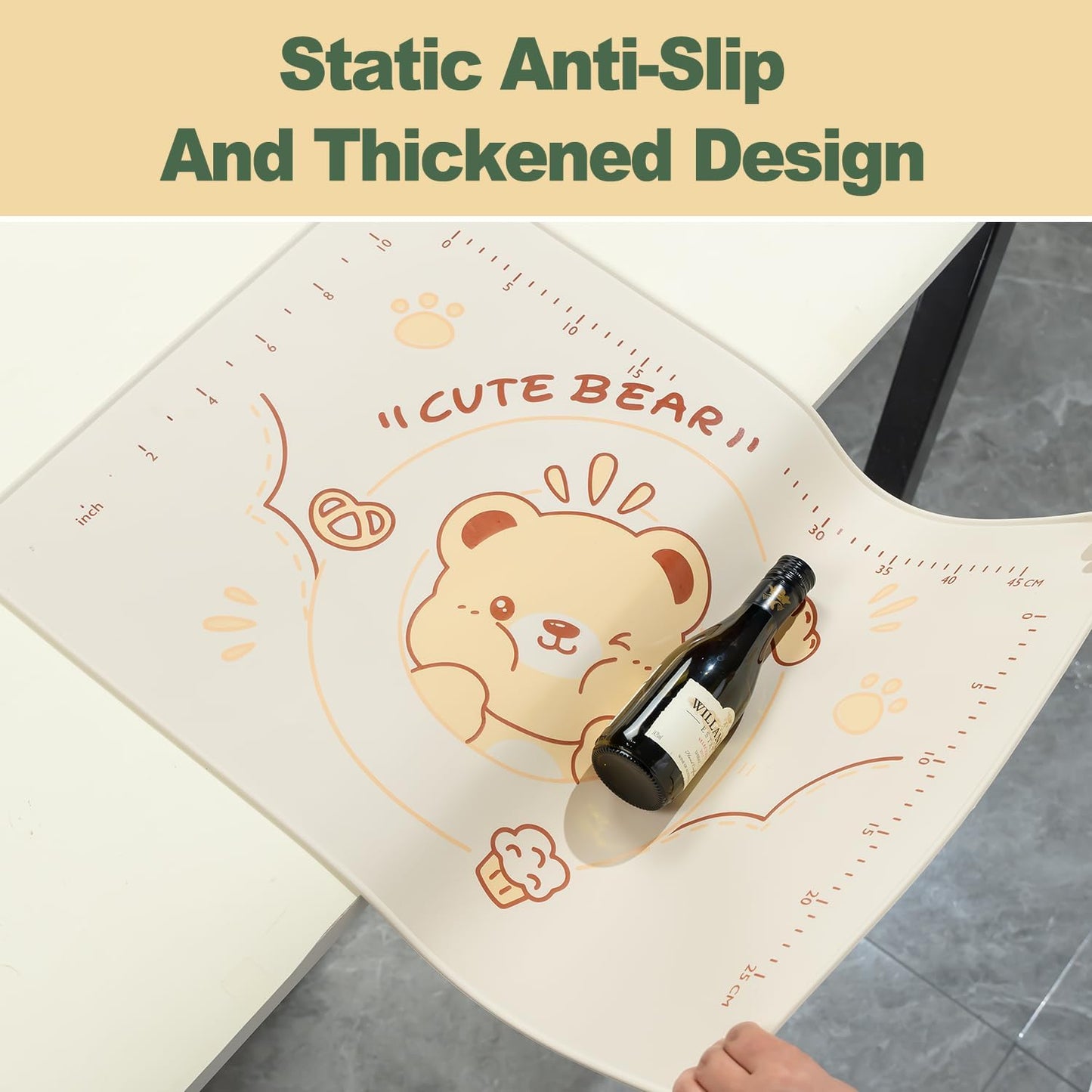 QELEG Non-Stick Silicone Baking Mat, 28'' X 20" Non Slip Pastry Mats Reusable Silicone Rolling Out Dough Mat with Measuremen and Edge Heightening Beige