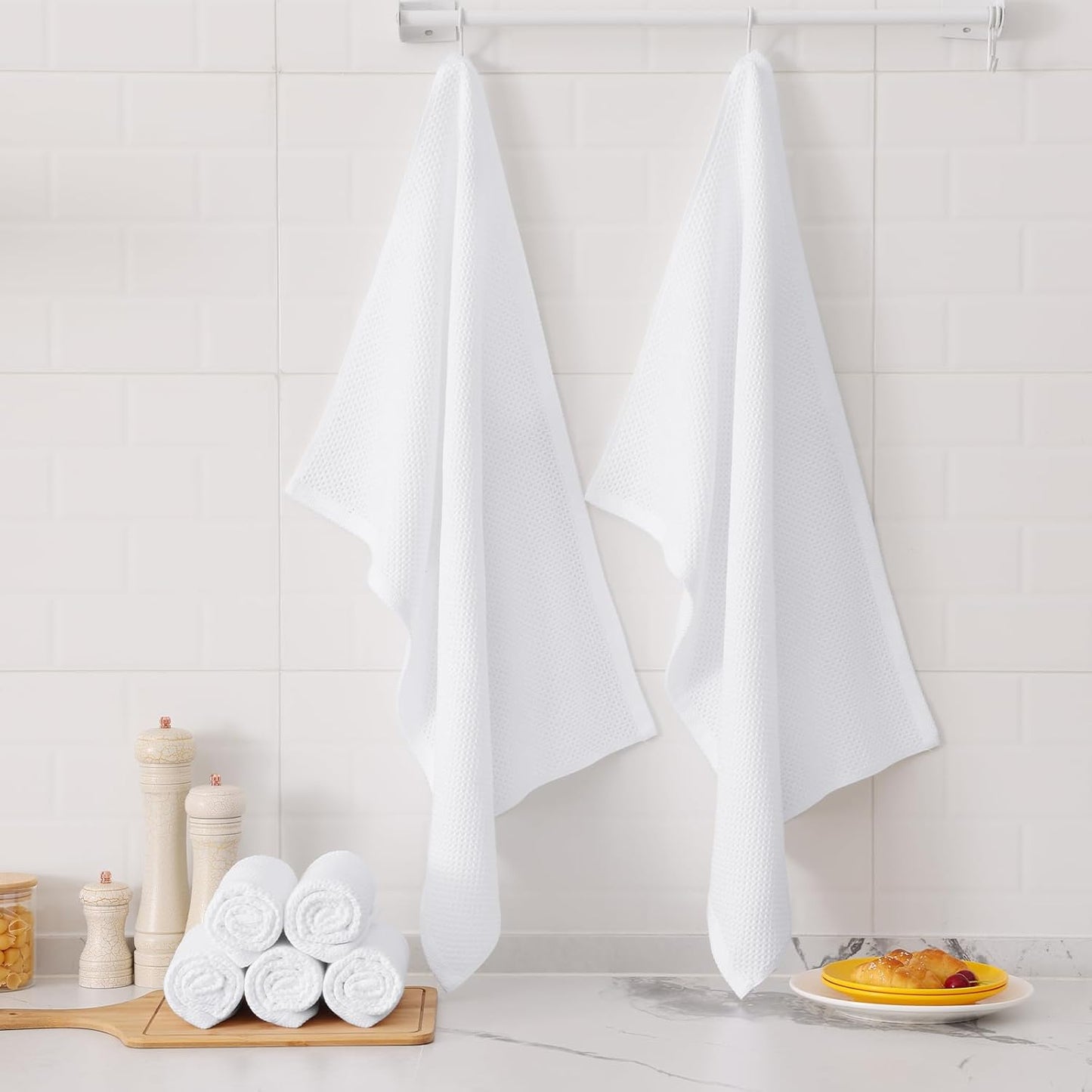 Kitinjoy 100% Cotton Waffle Weave Kitchen Towels, 4-Pack Super Soft and Absorbent Dish Towel for Drying Dishes, Kitchen Hand Towels, 20 in x 28 in, White