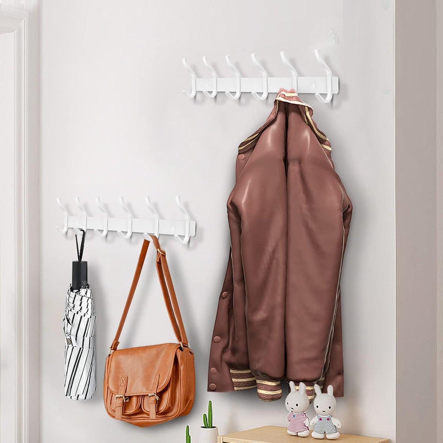 White Wall Hooks Heavy Duty, 23 Inch Coat Hooks Wall Mount with 8 Hooks, Wall Hooks Hangers for Entryway, Bathroom - for Hanging Backpack, Bag, Coat, Purse, Hat, Towel, Clothes