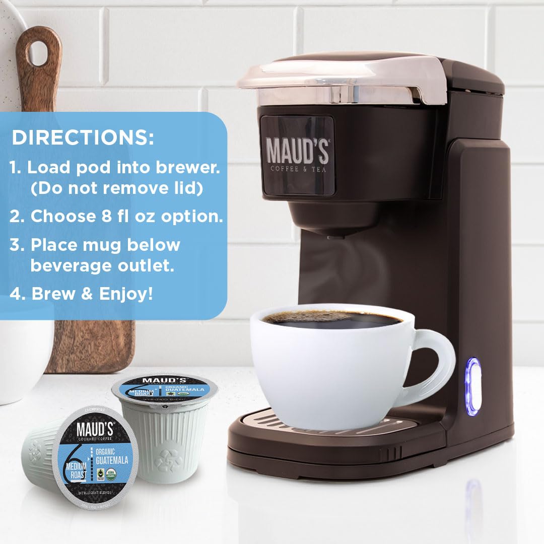 Maud's Organic Guatemalan Coffee Pods, 50 ct, Single Origin Guatemalan Medium Roast Coffee in Recyclable Single Serve Pods – 100% Arabica Beans, Compatible with Keurig K Cups Maker
