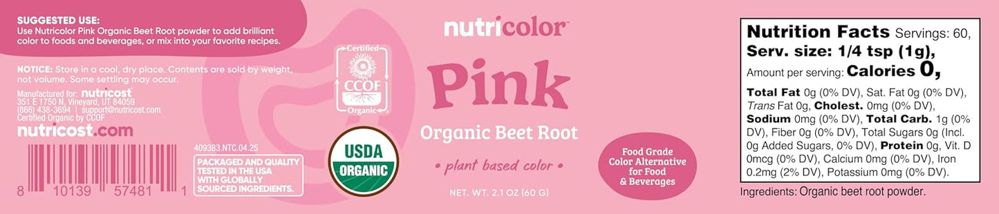 Nutricost Pink Plant Based Food Coloring From Organic Beet Root Powder (60 Servings) - Nutricolor Color Alternative For Food & Beverages