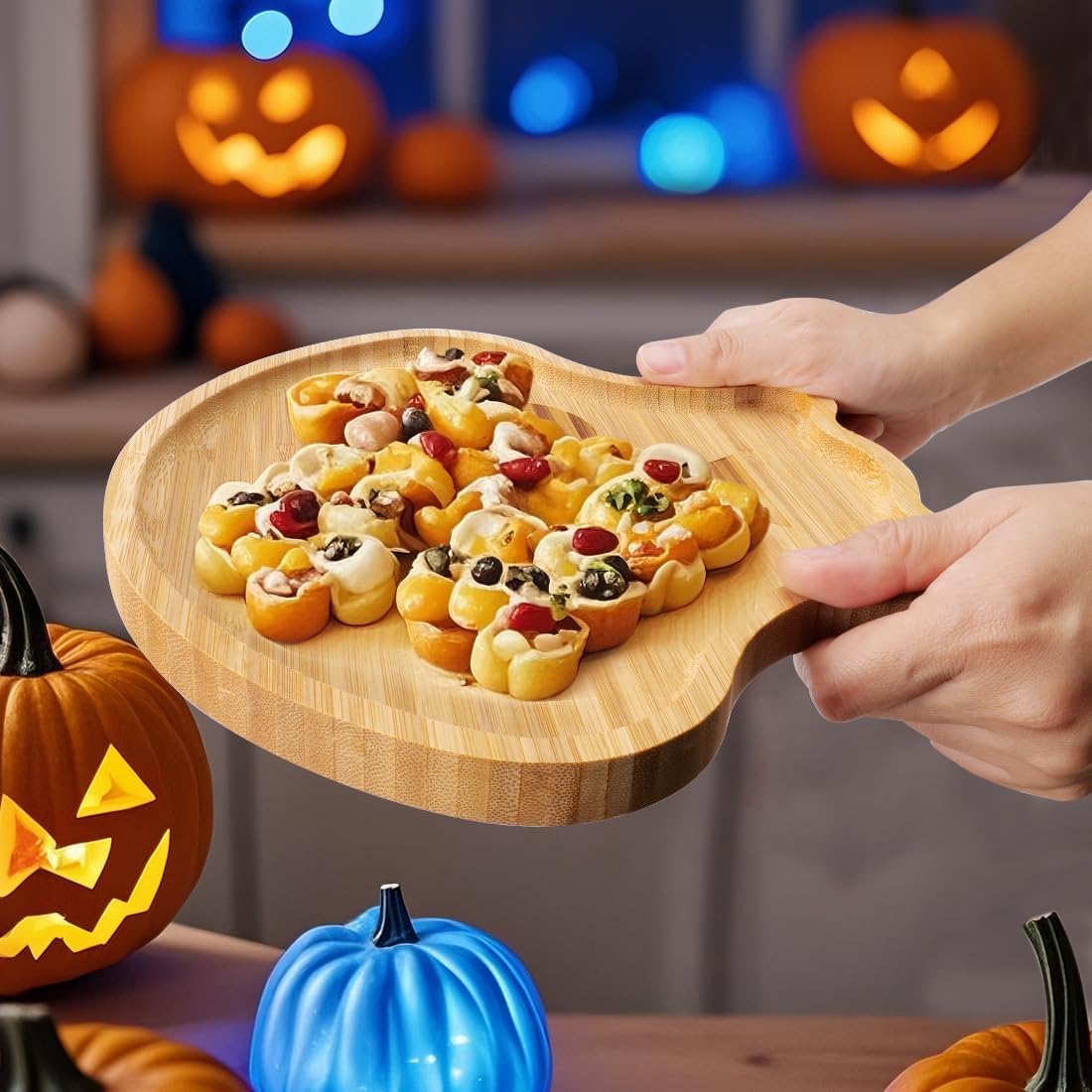 TJ POP Halloween Skull Serving Platter - 10” x 9” Skull Shaped Bamboo Serving Tray, Cute Wooden Charcuterie Board, Spooky Halloween Snack Dessert Candy Dish Plate for Party, Kitchen, Dining Decor