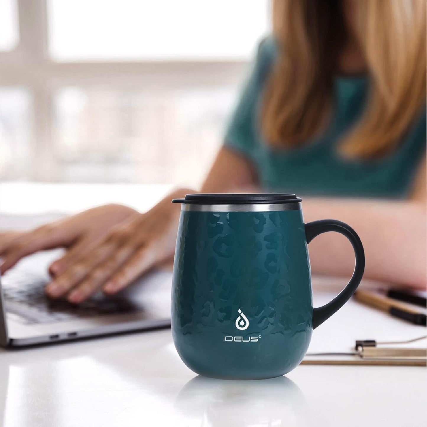 Ideus 16 oz (470 ml) Insulated Coffee Mug with Handle and Lid, Double Wall Stainless Steel Vacuum Thermal Coffee Mug, Travel Coffee Cup Thermal Cup for Home and Office, Leopard Green