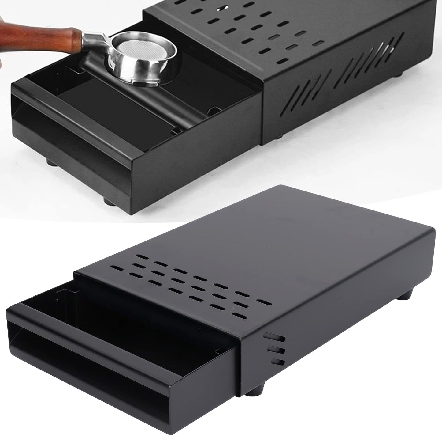 Coffee Knock Box Drawer, Stainless Steel Espresso Knock Box with Six Non Slip Feet, Removable Rubber Lever, Coffee Ground Container, for Household Shop (Black)