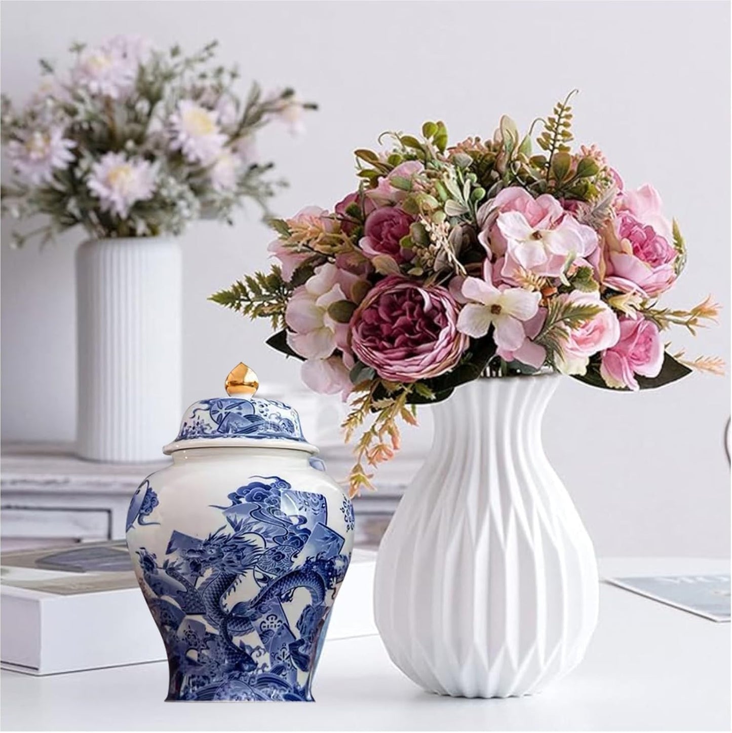 7 inches dragon Ginger Jar - blue white Ceramic Decorative with Lid flower vase, chinoiserie gift Enamel jars for Home/Kitchen/Dining/living room/shelf decor/Tea Storage