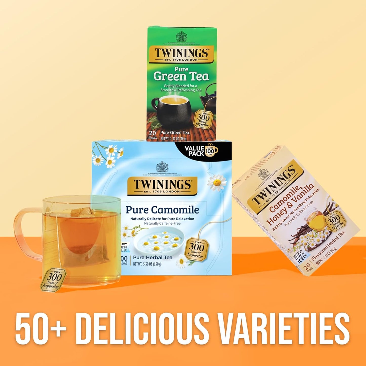 Twinings Pure Camomile Herbal Tea Individually Wrapped Bags, 100 Count (Pack of 1), Delicate for Pure Relaxation, Naturally Caffeine-Free, Enjoy Hot or Iced, 100 Teabags