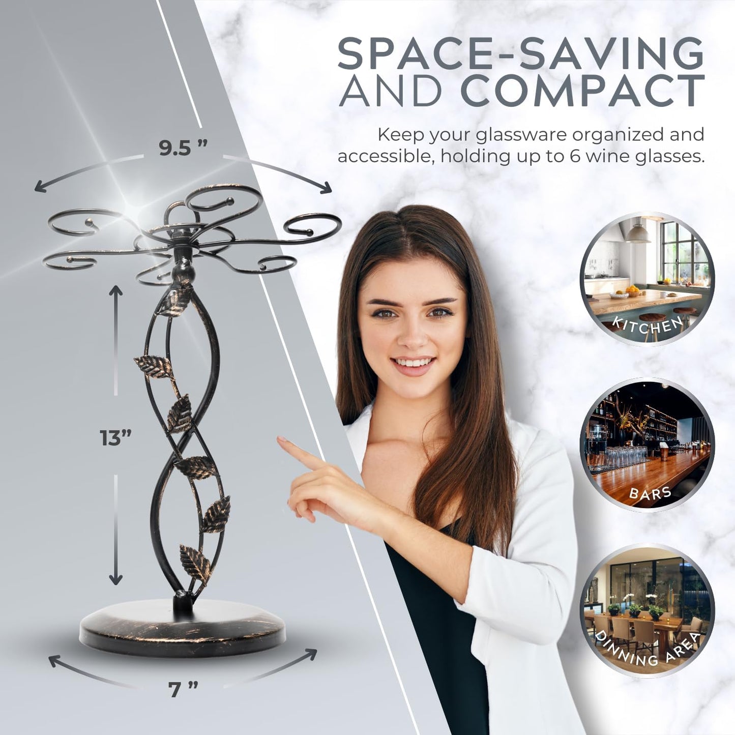 Wine Glass Rack – Elegant and Vintage-Inspired Wine Glass Holder for 6 Tall Glasses – Beautiful Leaf Design Wine Racks Countertop – Durable Metal Wine Glass Storage Rack – 9.5 x 9.5 x 13-inch