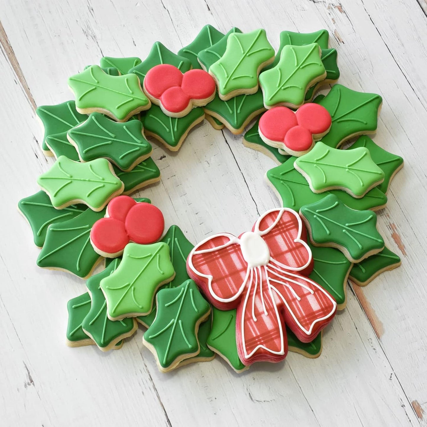 R&M International 2030 Christmas Holiday Wreath Centerpiece Cookie Cutters, Holly Leaves, Berries, Holiday Bow, 4-Piece Set