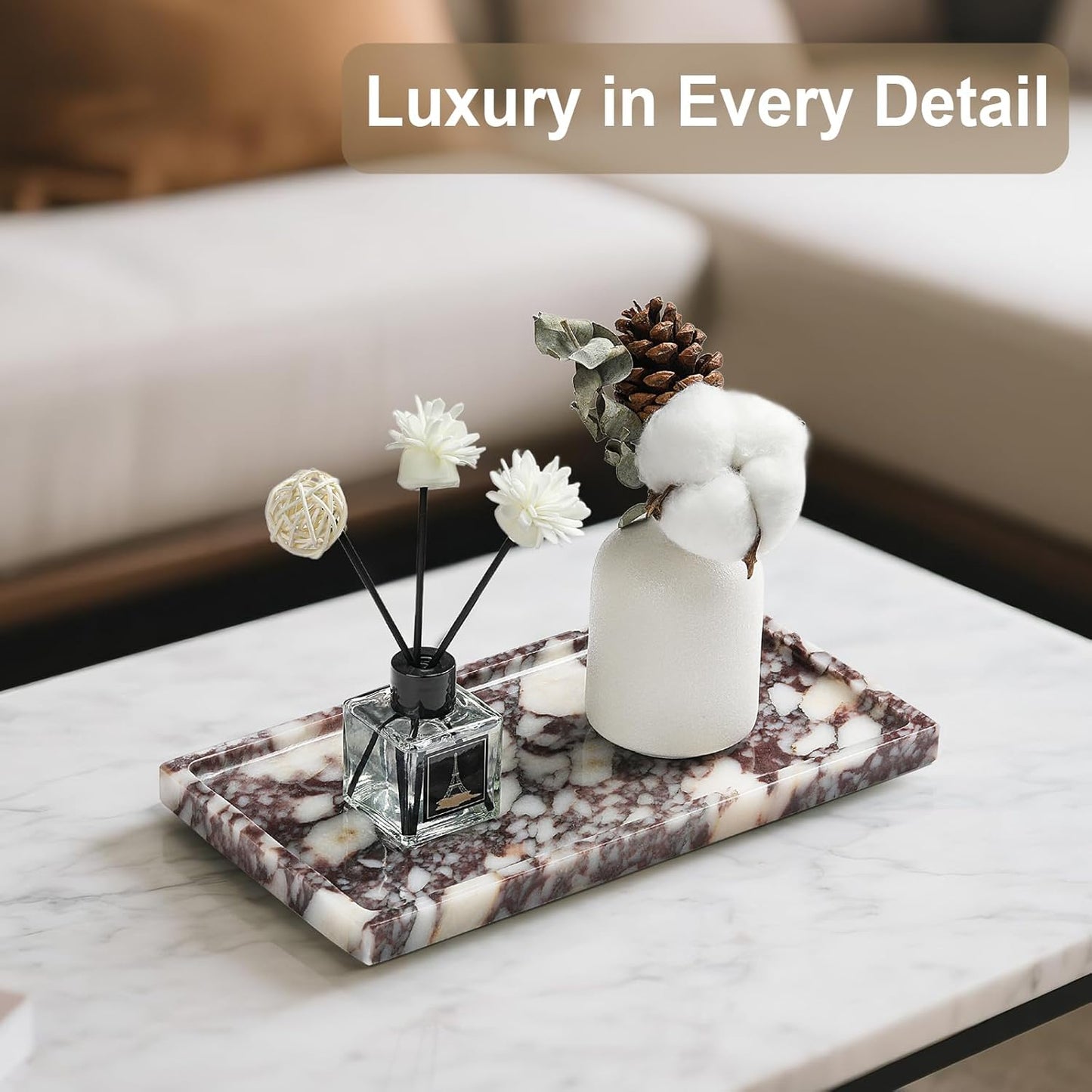 Natural Marble Vanity Tray - Moujings Genuine Marble Perfume Tray for Bathroom Decor, Stone Bathroom Vanity Organizer Tray for Kitchen Counter, Candles, Jewelry, Coffee, Makeup, Key