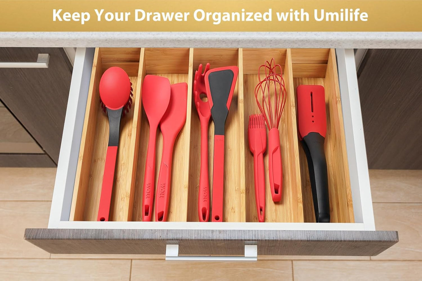 Umilife Expandable Kitchen Drawer Organizer, 2.5" High Bamboo Utensils Silverware Tray, Adjustable Large Deep Wood Organization Holder