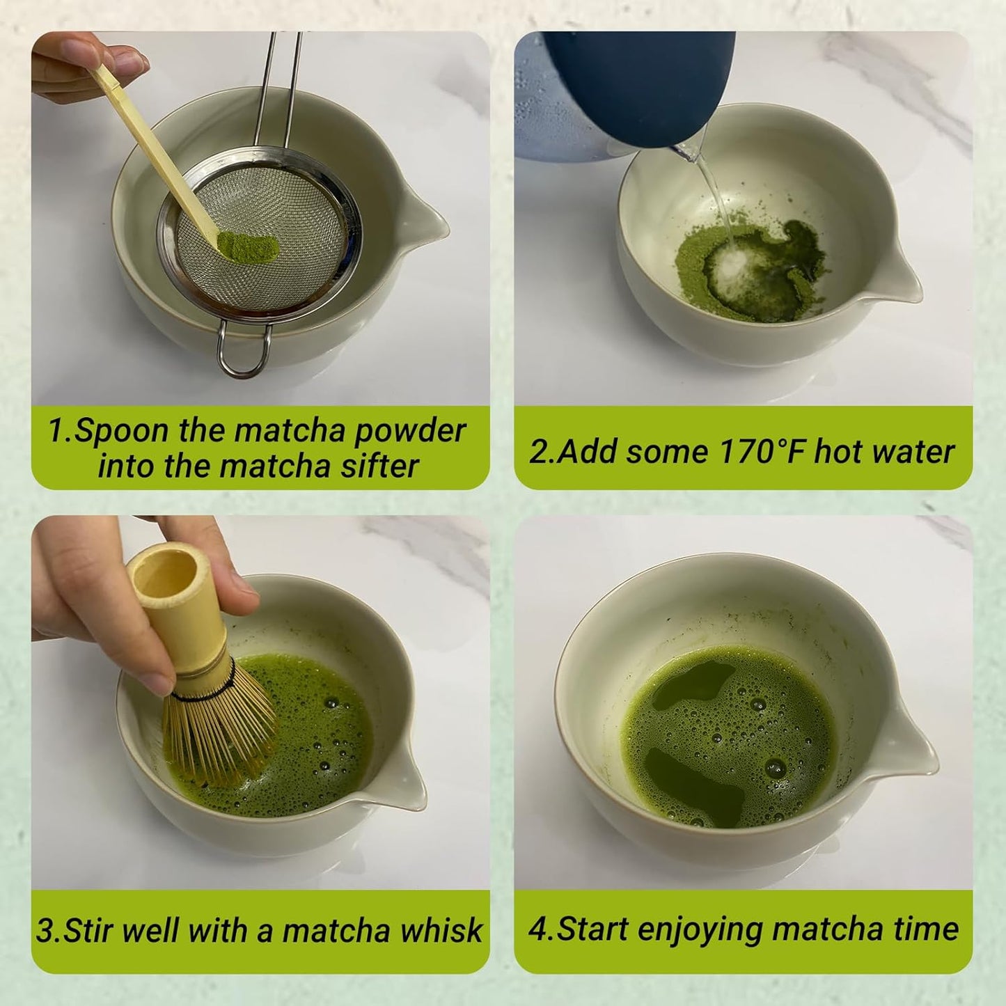 Matcha Whisk Set – 5 Pcs Matcha Set Whisk and Bowl with Spout, Bamboo Scoop, Sifter & Holder – Ru Kiln Matcha Bowl Japanese Tea Kit for Gifts, Home Use & Ceremonial Rituals (White)