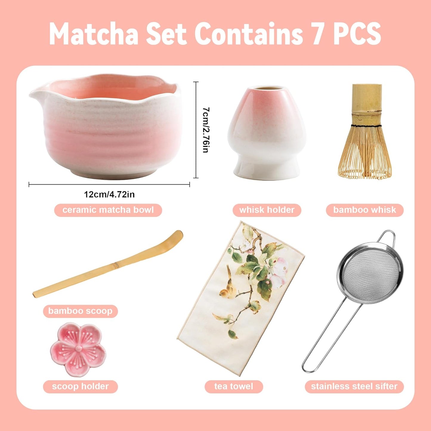 Matcha Whisk Set Ceramic Matcha Set Includes Bowl,Spout Bamboo Chasen Whisk with Ceramic Holder, Matcha Scoop and Stainless Sifter, Matcha Kit for Women,Gift for Matcha Lovers(7Pcs,Pink)