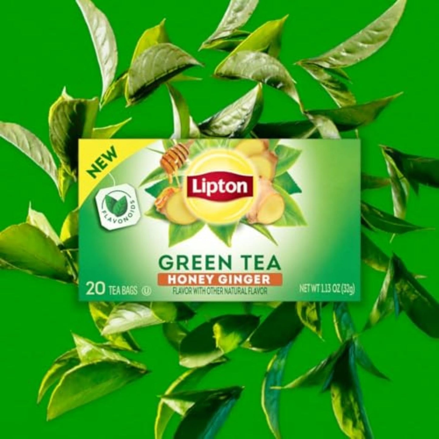 Lipton Honey Ginger Green Tea Bags, Flavored, Unsweetened Teabags for Hot Tea or Iced Tea with Caffeine and Flavonoids, 20 Total Tea Bags