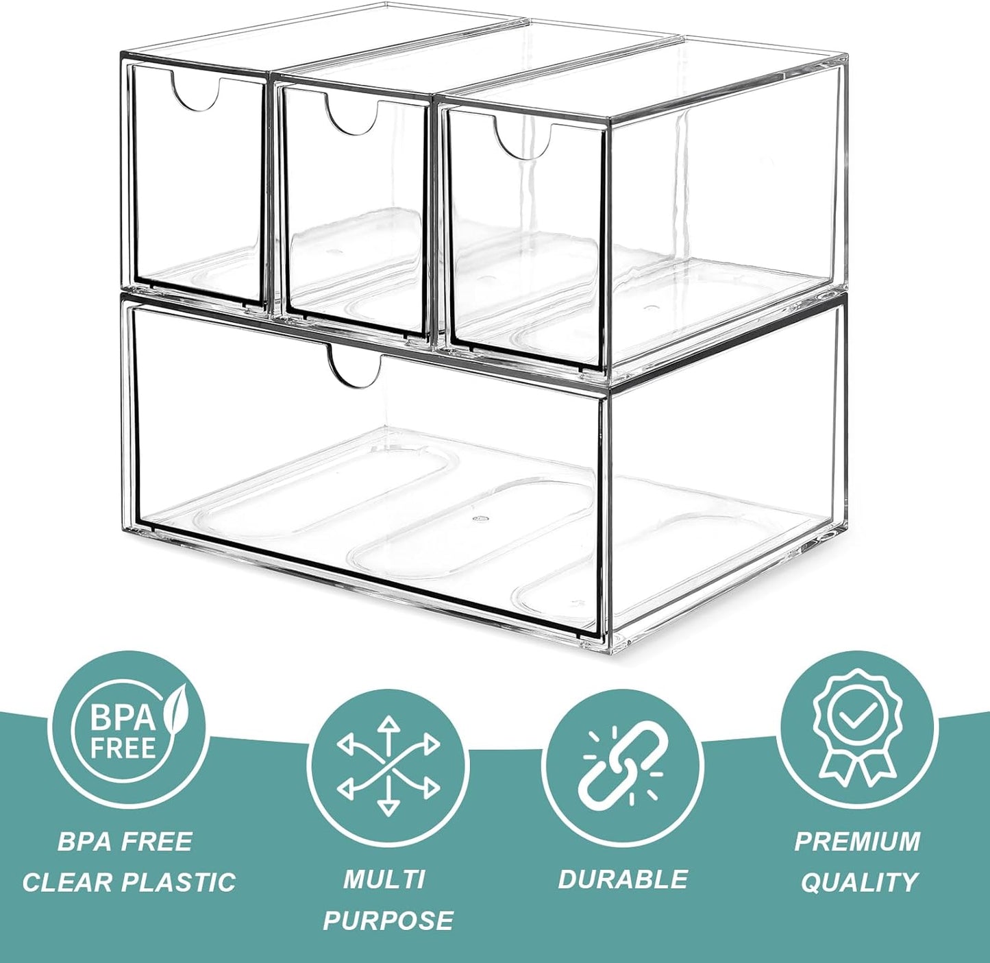 4 Tea and Coffee Organizer and Storage, Acrylic Tea Bag Holder Organizer, Plastic K Cup Drawer Container for Cabinet