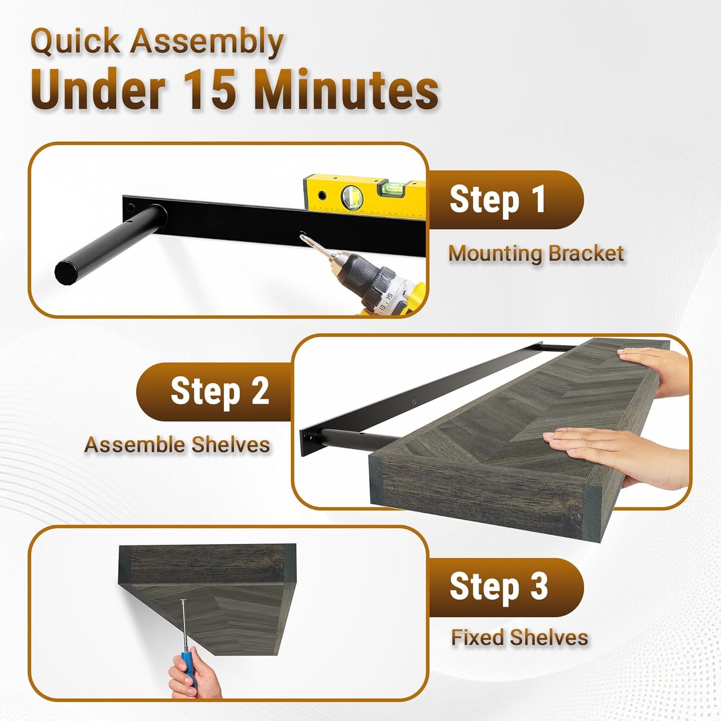 36" Acacia Chevron Floating Shelves Set of 2 - Wall Mounted Wooden Shelf for Stylish Home Décor - Mocha Color - 36x6.7x1.5 Inches