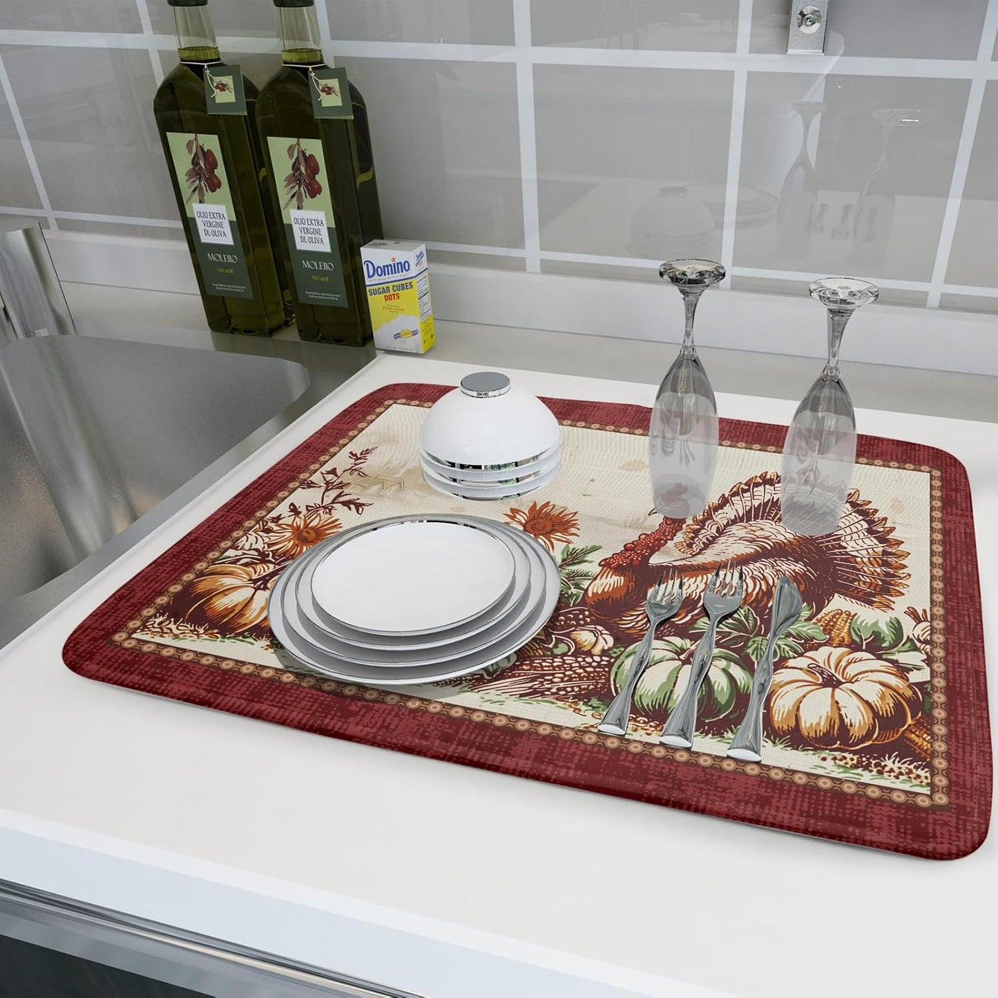 Rustic Turkey Dish Drying Mat for Kitchen Countertop 18x24 inch Fall Thanksgiving Pumpkin Sunflowers Harvest Dish Drainer Mats Fast Drying Farmhouse Country Style Dish Drying Pad Holiday Decor Large